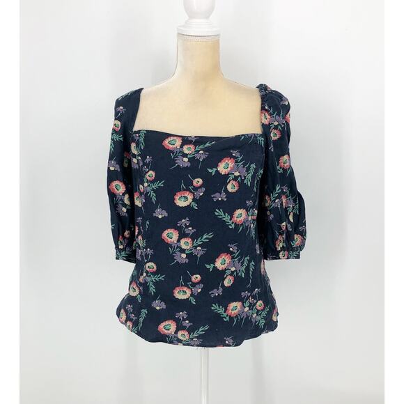 POLO RALPH LAUREN Blouse Sz 18 Linen Puff Sleeve Floral Print Navy Blue - Picture 4 of 12